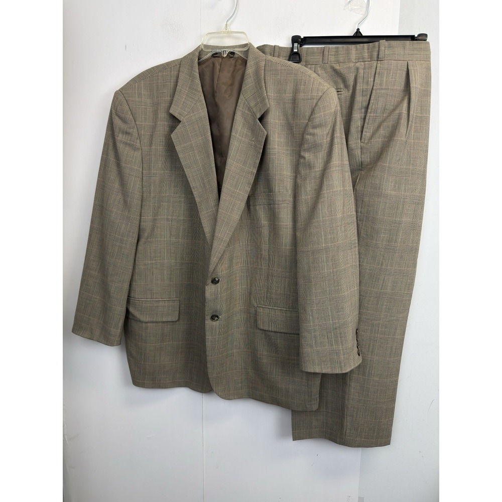 Jeffrey Banks Suit Brown Glen Plaid Wool Men's 48R‎ Blazer 42X27 Pleated Pants